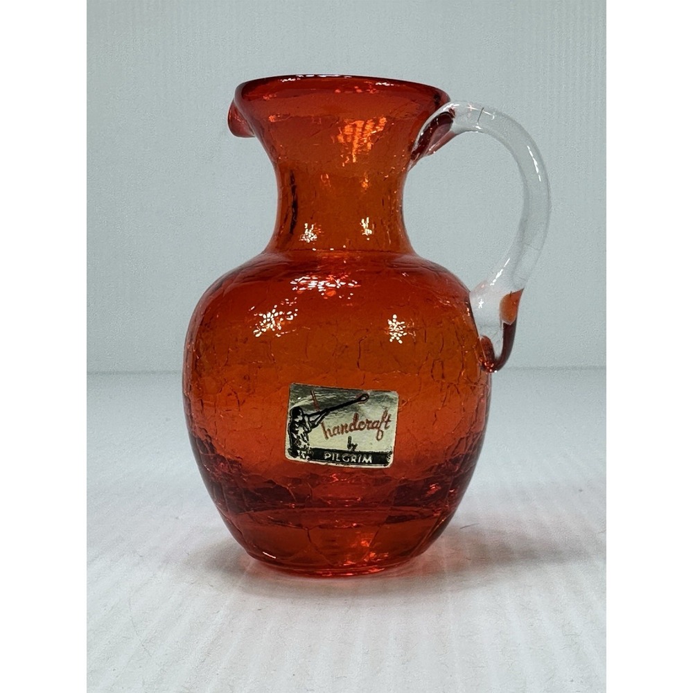 Vintage Handcrafted‎ Pilgrim Orange Crackle Glass Clear Handle Mini Pitcher